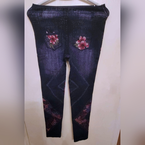 Denim-like Floral Design Jeggings - one Size - Picture 2 of 4